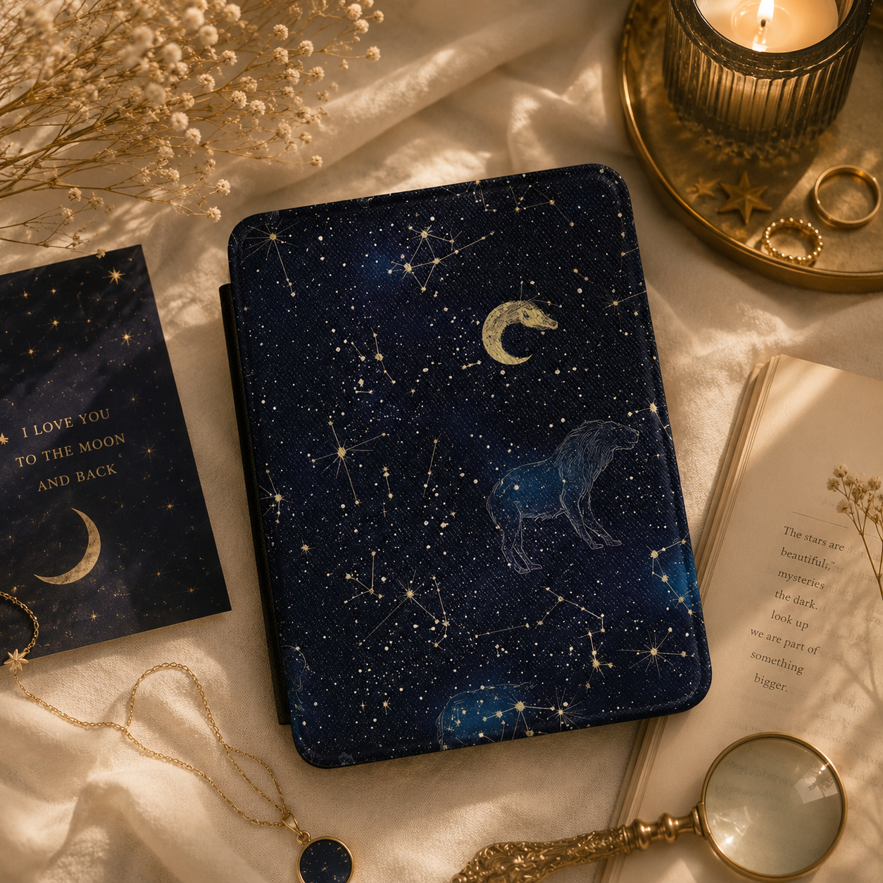 Celestial Stallion Kindle case open showing e-ink Kindle on right interior panel