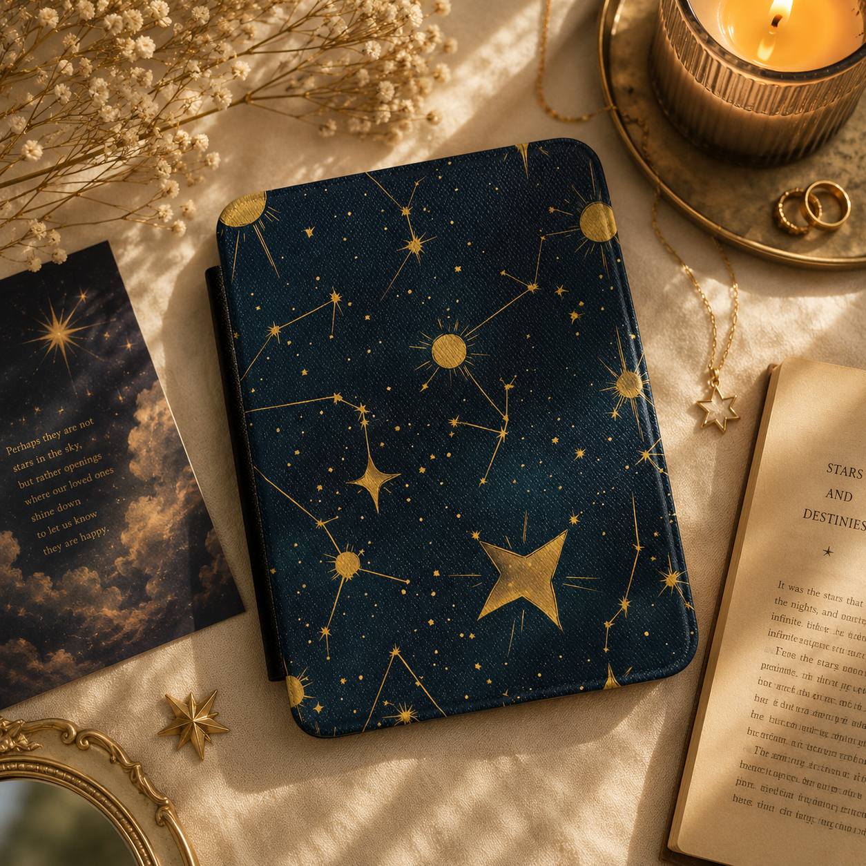 Celestial star chart Kindle case shown at an angle
