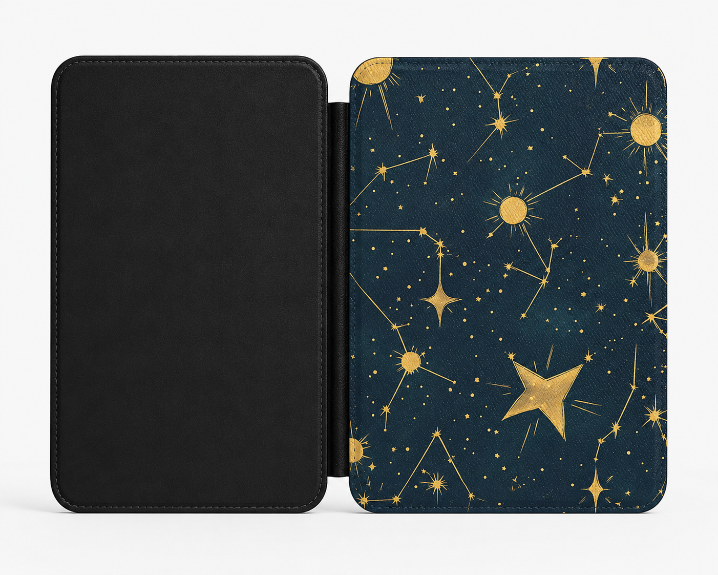 Celestial star chart Kindle case open showing e-ink Kindle on right interior panel