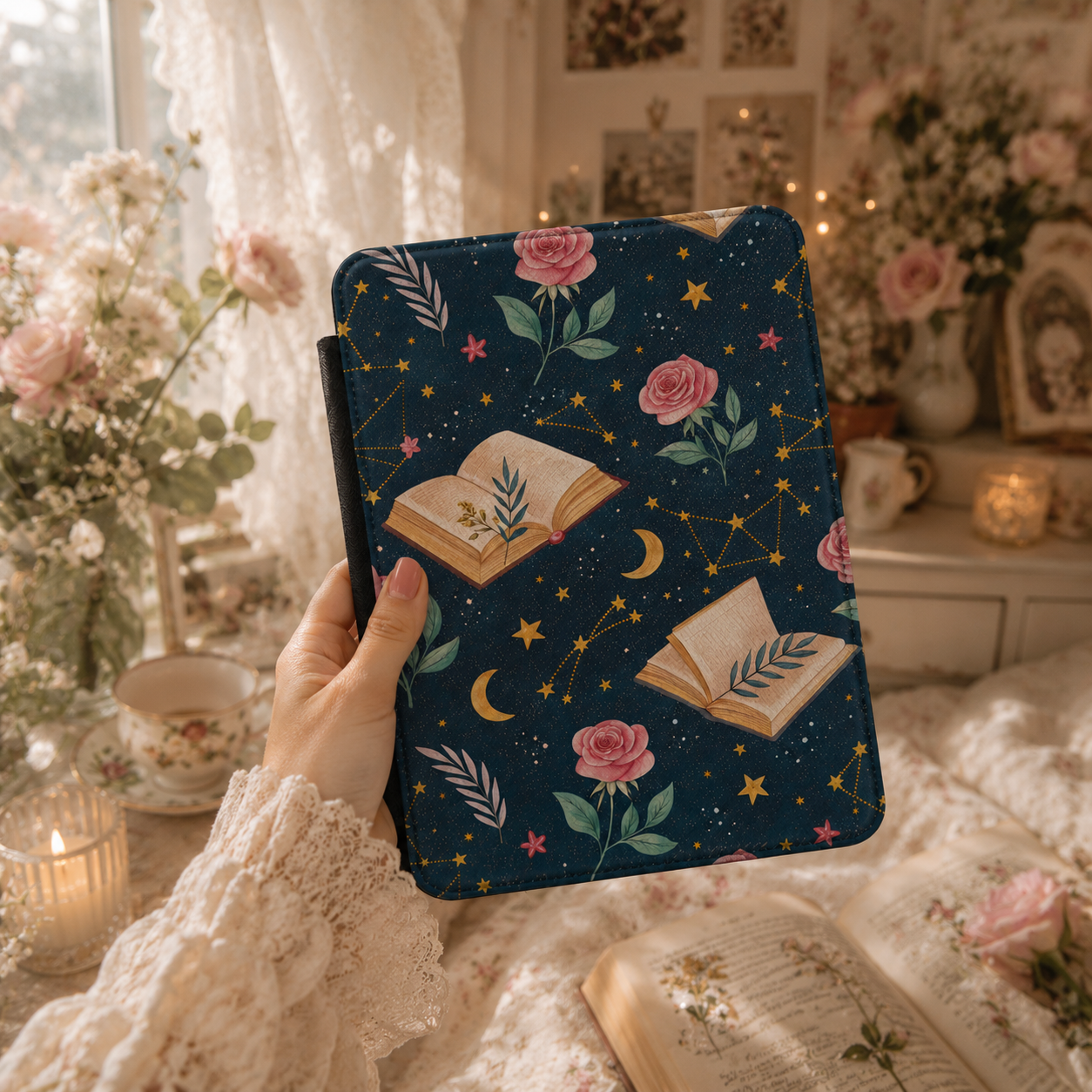 Close-up of Celestial Storybook Saffiano Kindle case
