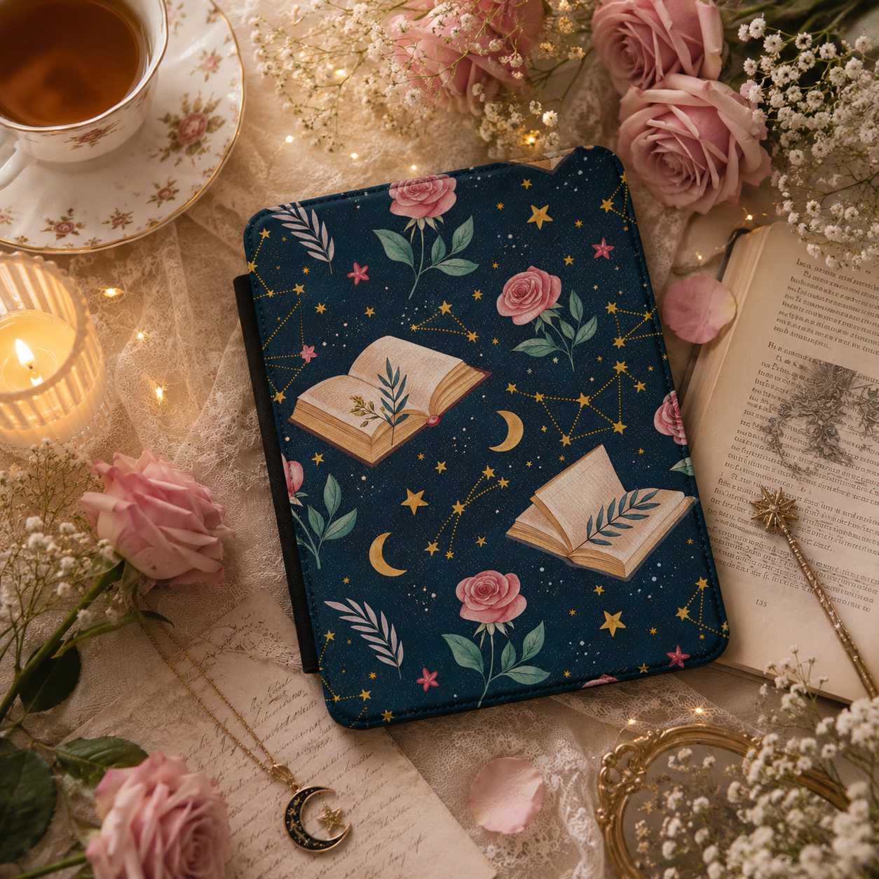 Celestial Storybook Kindle case front cover — night-sky storybook print