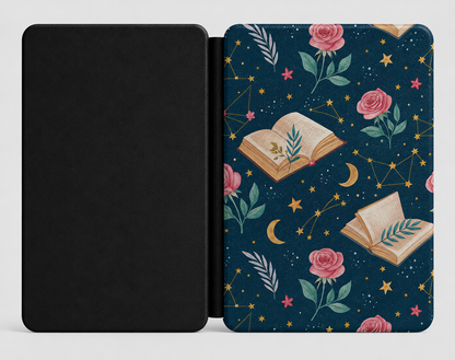 Celestial Storybook Kindle case open showing e-ink Kindle on right interior panel