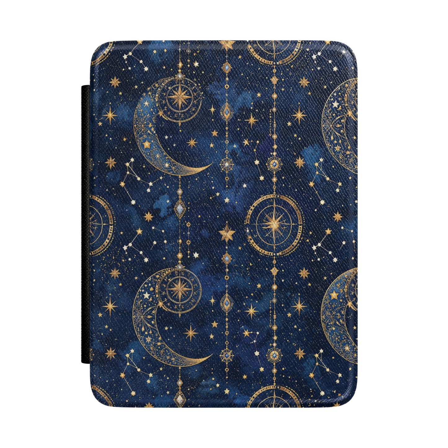 Midnight navy Kindle Paperwhite case with gold moons, compass stars and constellations front cover — Dark Romantasy celestial gift
