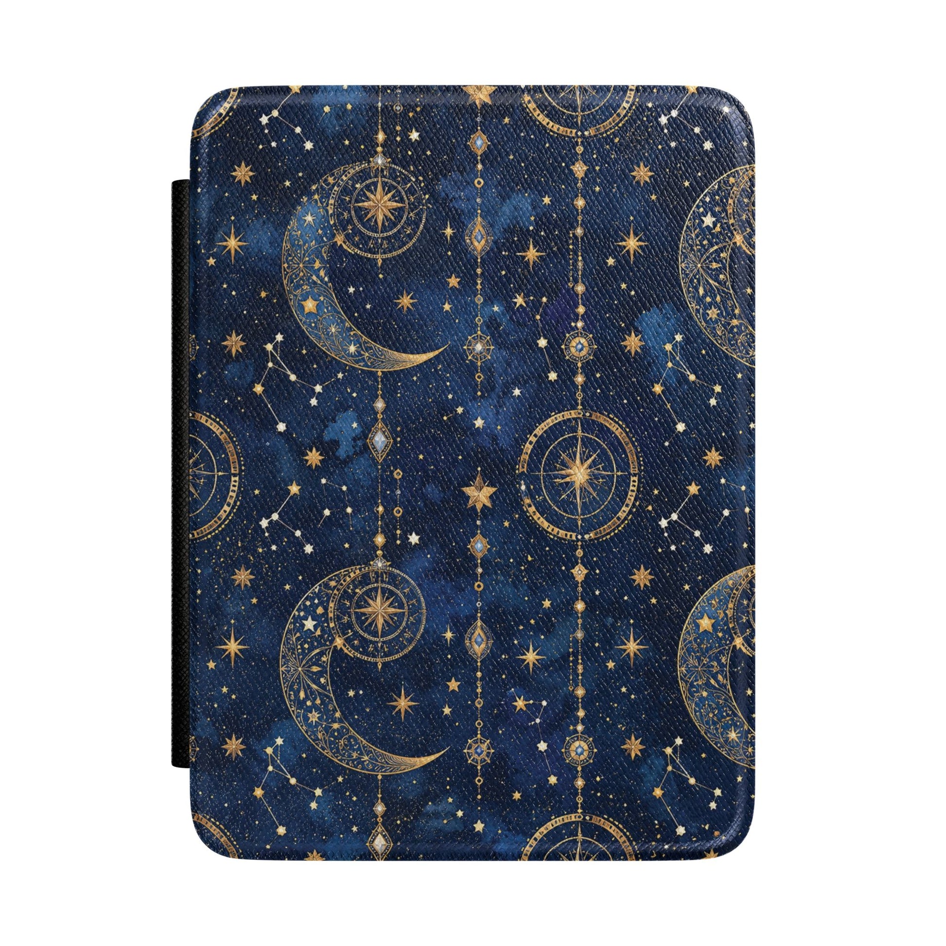 Midnight navy Kindle Paperwhite case with gold moons, compass stars and constellations front cover — Dark Romantasy celestial gift