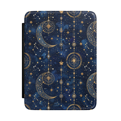 Midnight navy Kindle Paperwhite case with gold moons, compass stars and constellations front cover — Dark Romantasy celestial gift
