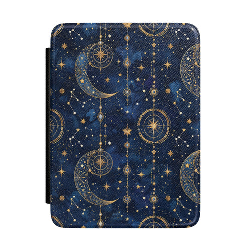 Midnight navy Kindle Paperwhite case with gold moons, compass stars and constellations front cover — Dark Romantasy celestial gift