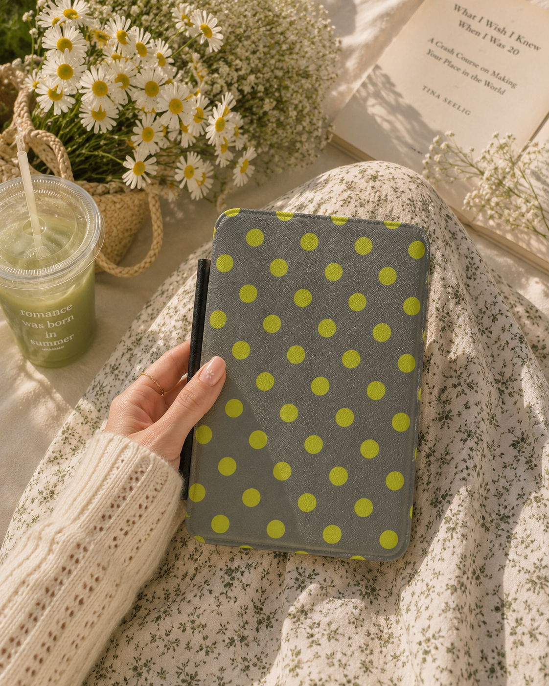 Slate grey Kindle case front cover close-up with chartreuse dots — Atelier bold print