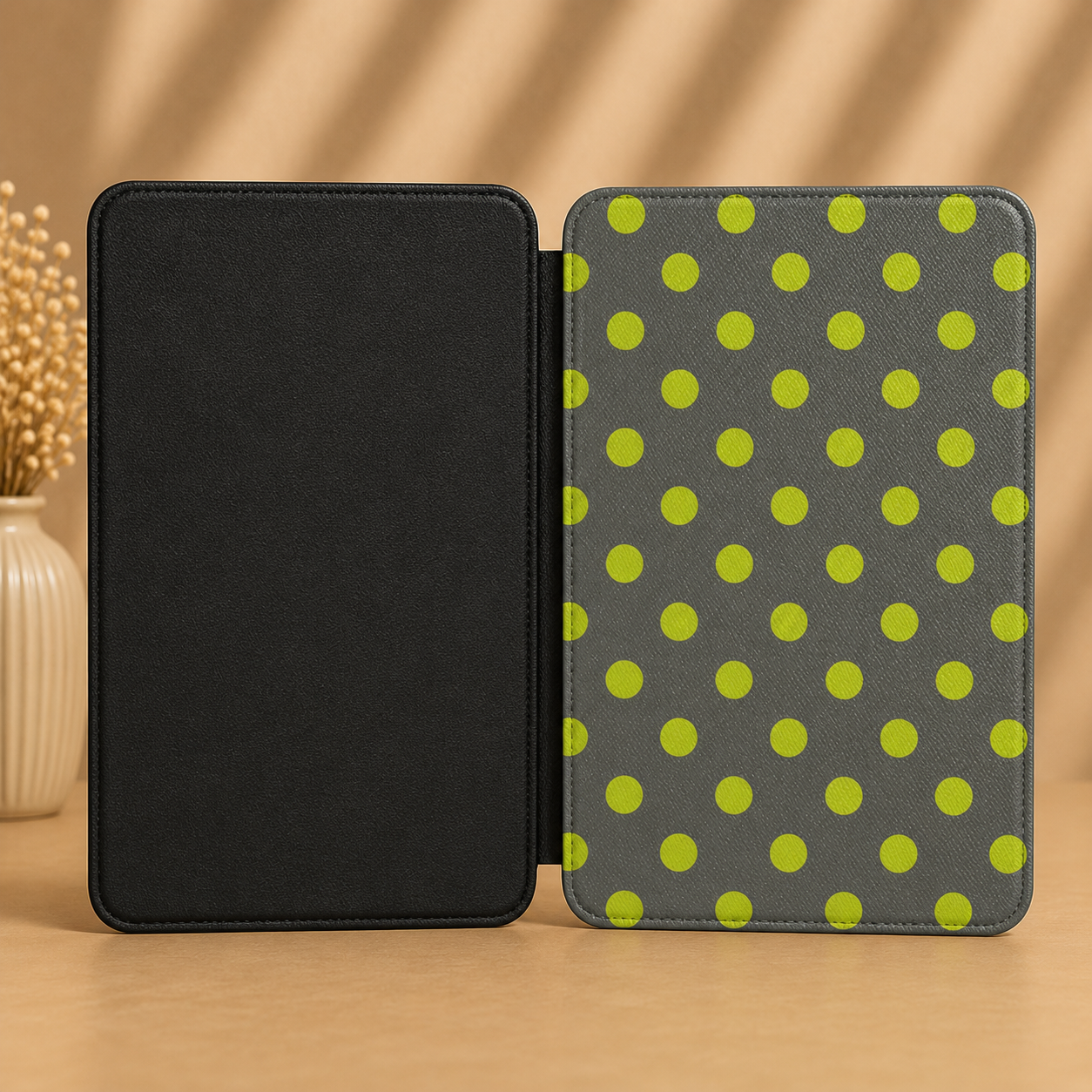 Charcoal and chartreuse polka dot Kindle Paperwhite case — Atelier graphic gift for readers
