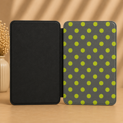 Charcoal and chartreuse polka dot Kindle Paperwhite case — Atelier graphic gift for readers