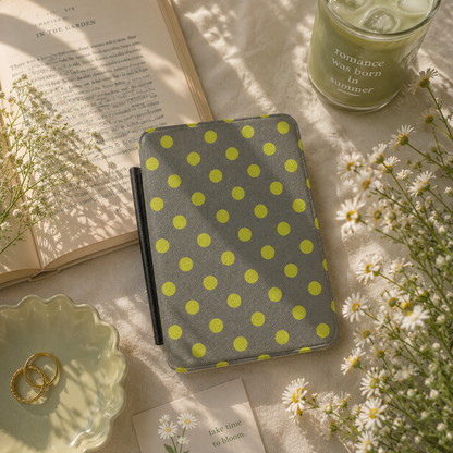 Charcoal and chartreuse polka dot Kindle case with elastic hand strap — Atelier graphic print