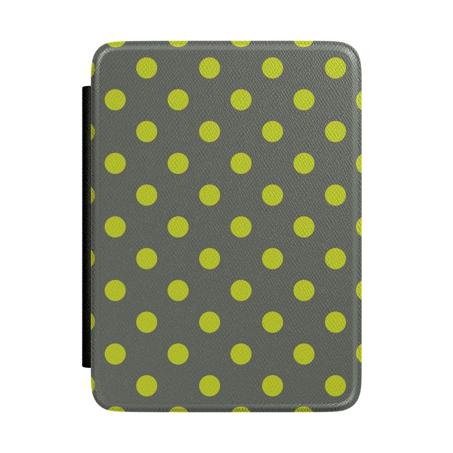 Slate grey Kindle Paperwhite case with bold chartreuse polka dots front cover — Atelier graphic gift
