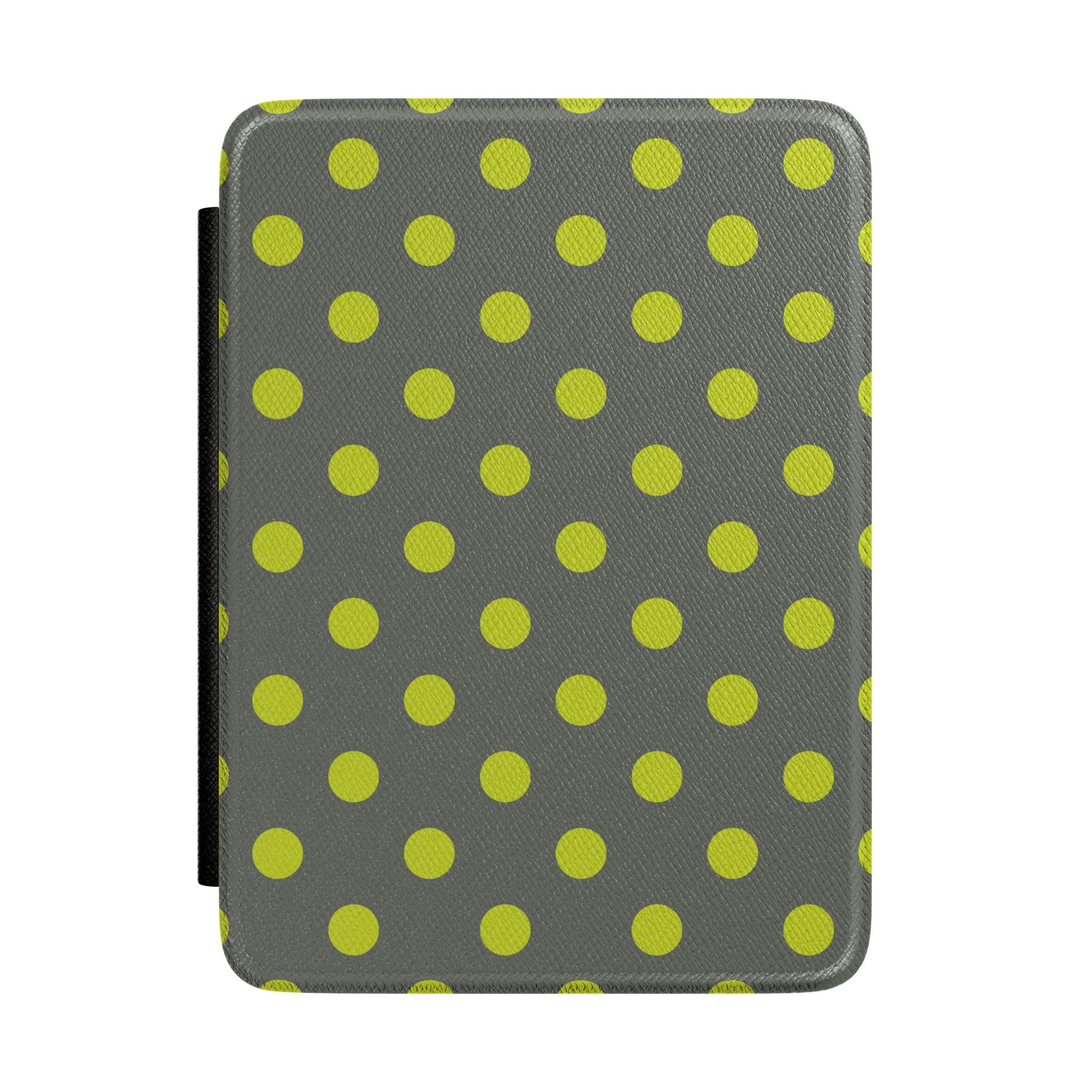 Slate grey Kindle Paperwhite case with bold chartreuse polka dots front cover — Atelier graphic gift