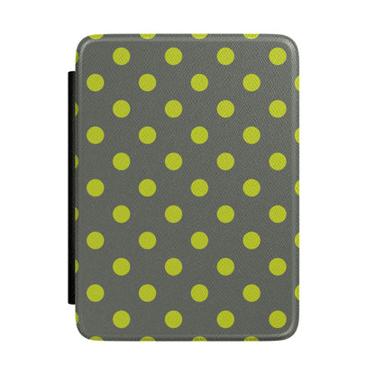 Slate grey Kindle Paperwhite case with bold chartreuse polka dots front cover — Atelier graphic gift