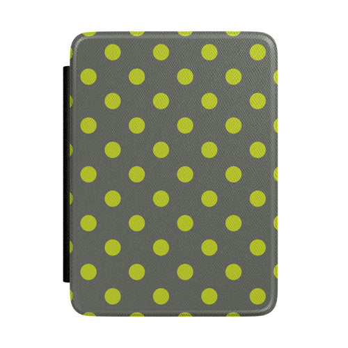 Slate grey Kindle Paperwhite case with bold chartreuse polka dots front cover — Atelier graphic gift