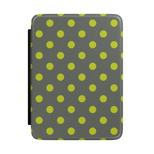 Slate grey Kindle Paperwhite case with bold chartreuse polka dots front cover — Atelier graphic gift