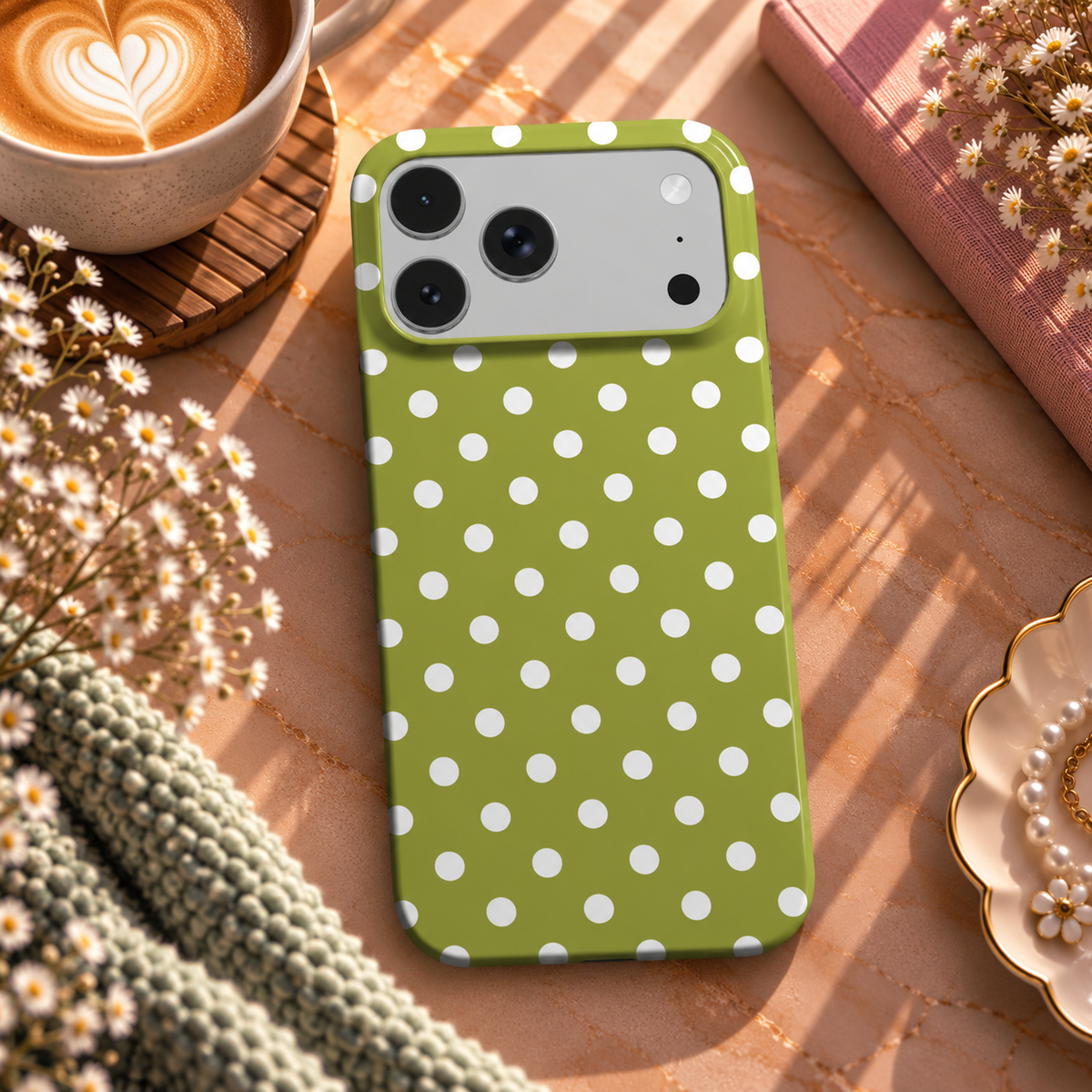 Chartreuse Polka Dot phone case – MagSafe iPhone case, lifestyle photo