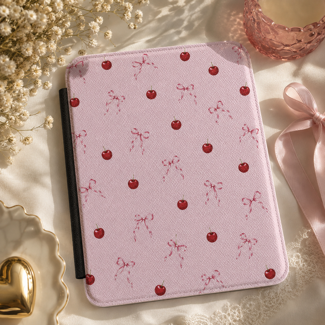 Cherries and Bows Kindle case shown at an angle