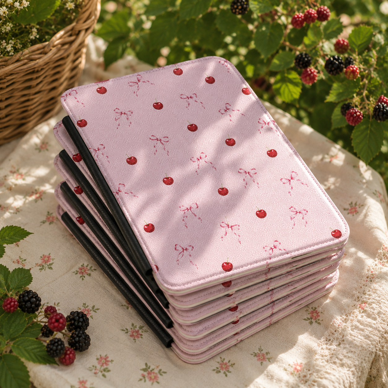 Close-up of Cherries and Bows Saffiano Kindle case
