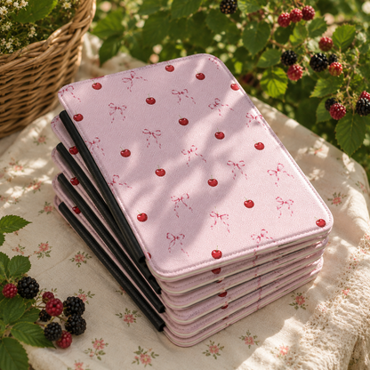 Close-up of Cherries and Bows Saffiano Kindle case
