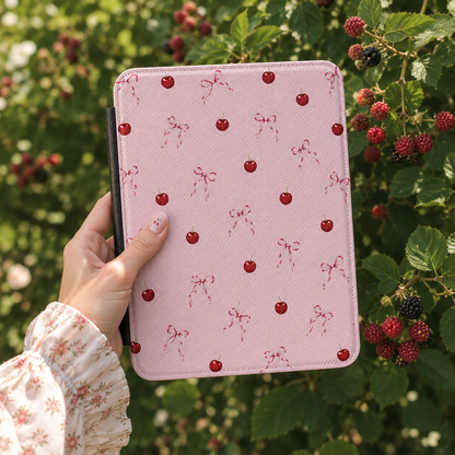 Cherries and Bows Kindle case open showing e-ink Kindle on right interior panel