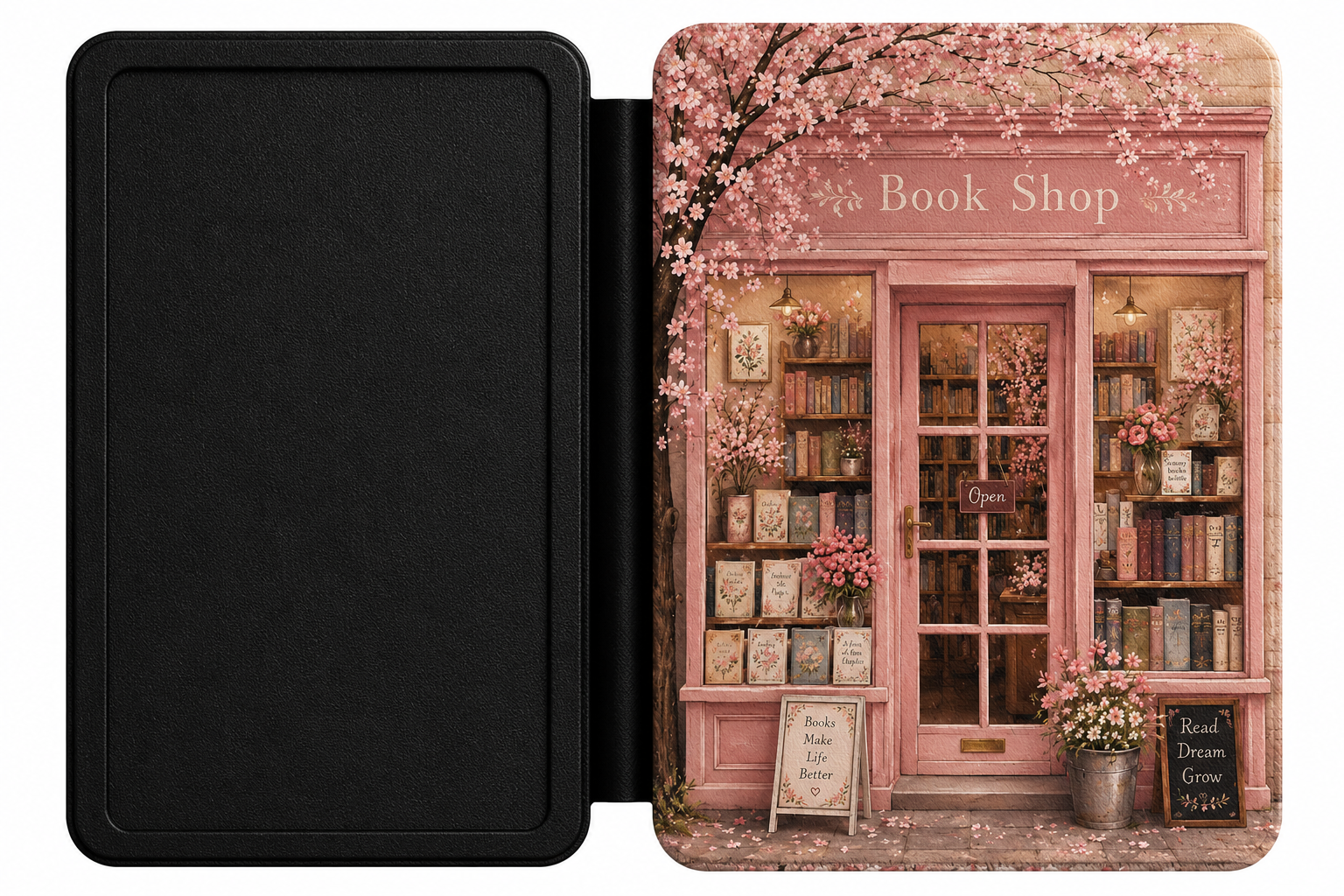 Cherry Blossom Bookshop Kindle case shown at an angle