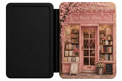 Cherry Blossom Bookshop Kindle case shown at an angle