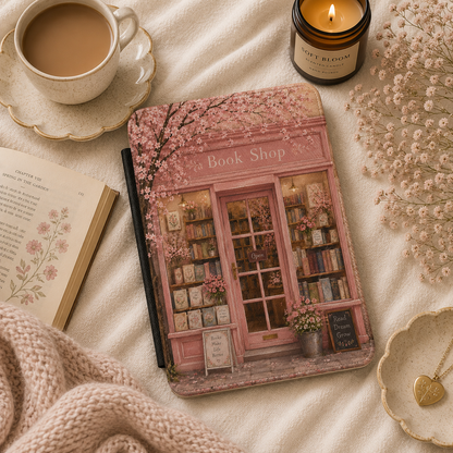 Close-up of Cherry Blossom Bookshop Saffiano Kindle case