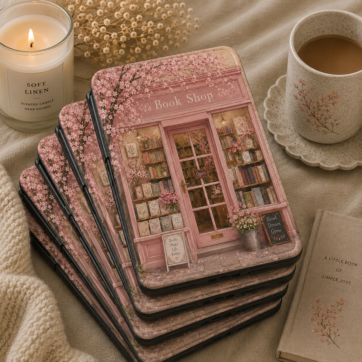Cherry Blossom Bookshop Kindle case open showing e-ink Kindle on right interior panel