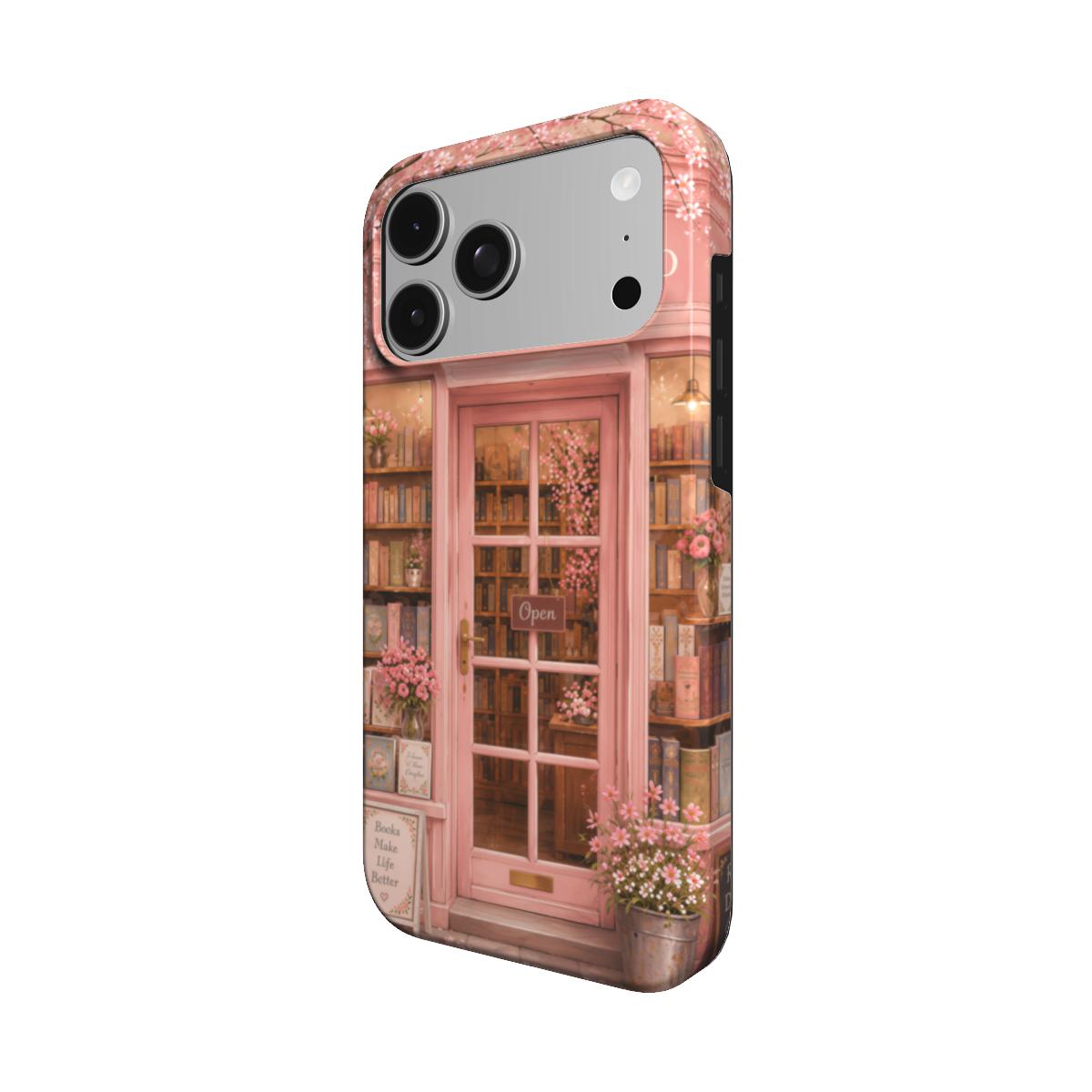 Cherry Blossom Bookshop phone case – MagSafe iPhone case, angled view