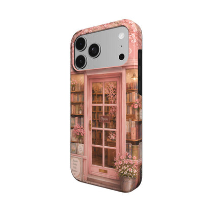 Cherry Blossom Bookshop phone case – MagSafe iPhone case, angled view