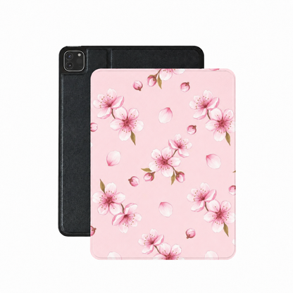 Cherry blossom iPad case in pink vegan leather — soft floral folio