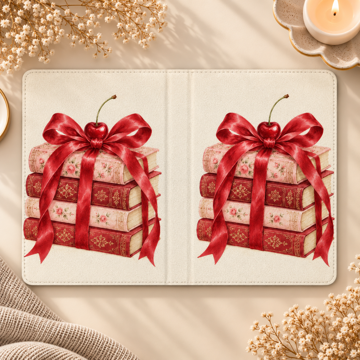 Cherry Bow Book Stack Kindle case opened flat, front and back — pink and red books tied with a red satin bow
