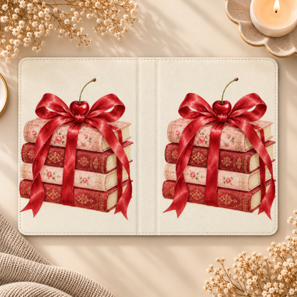 Cherry Bow Book Stack Kindle case opened flat, front and back — pink and red books tied with a red satin bow