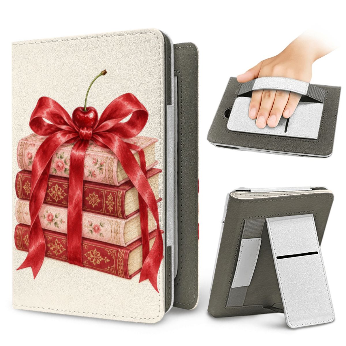 Cherry Bow Book Stack Kindle case — elastic hand strap and fold-out stand on the back