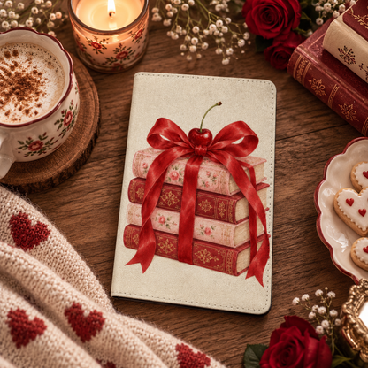 Cherry Bow Book Stack Kindle case — ribboned book stack on cream, styled with a latte, candle, red roses and heart cookies