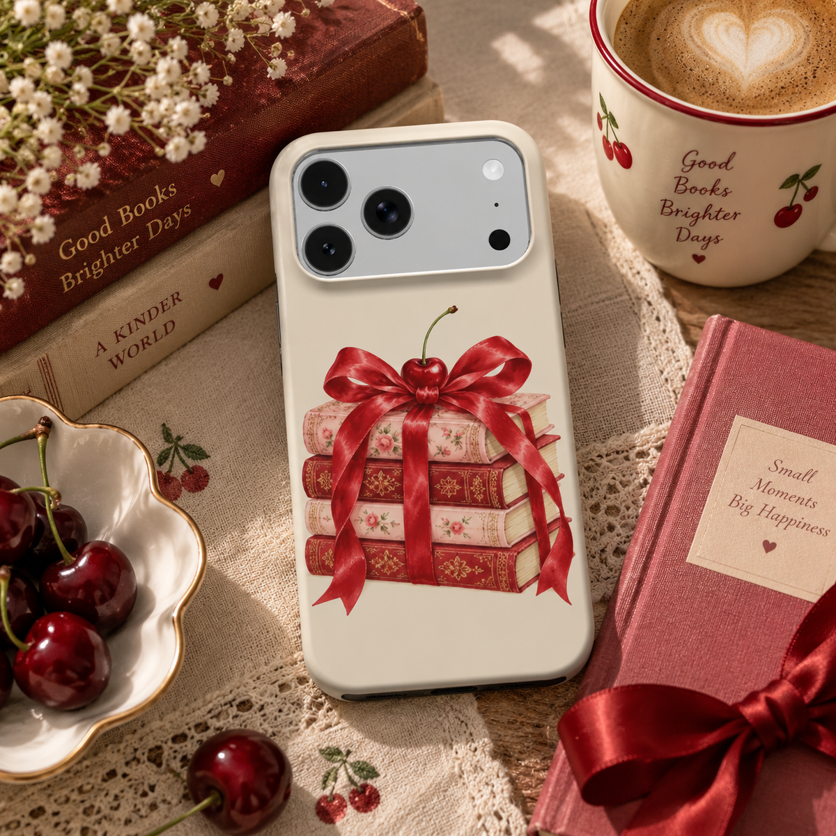 Cherry Bow Book Stack phone case – MagSafe iPhone case, lifestyle photo