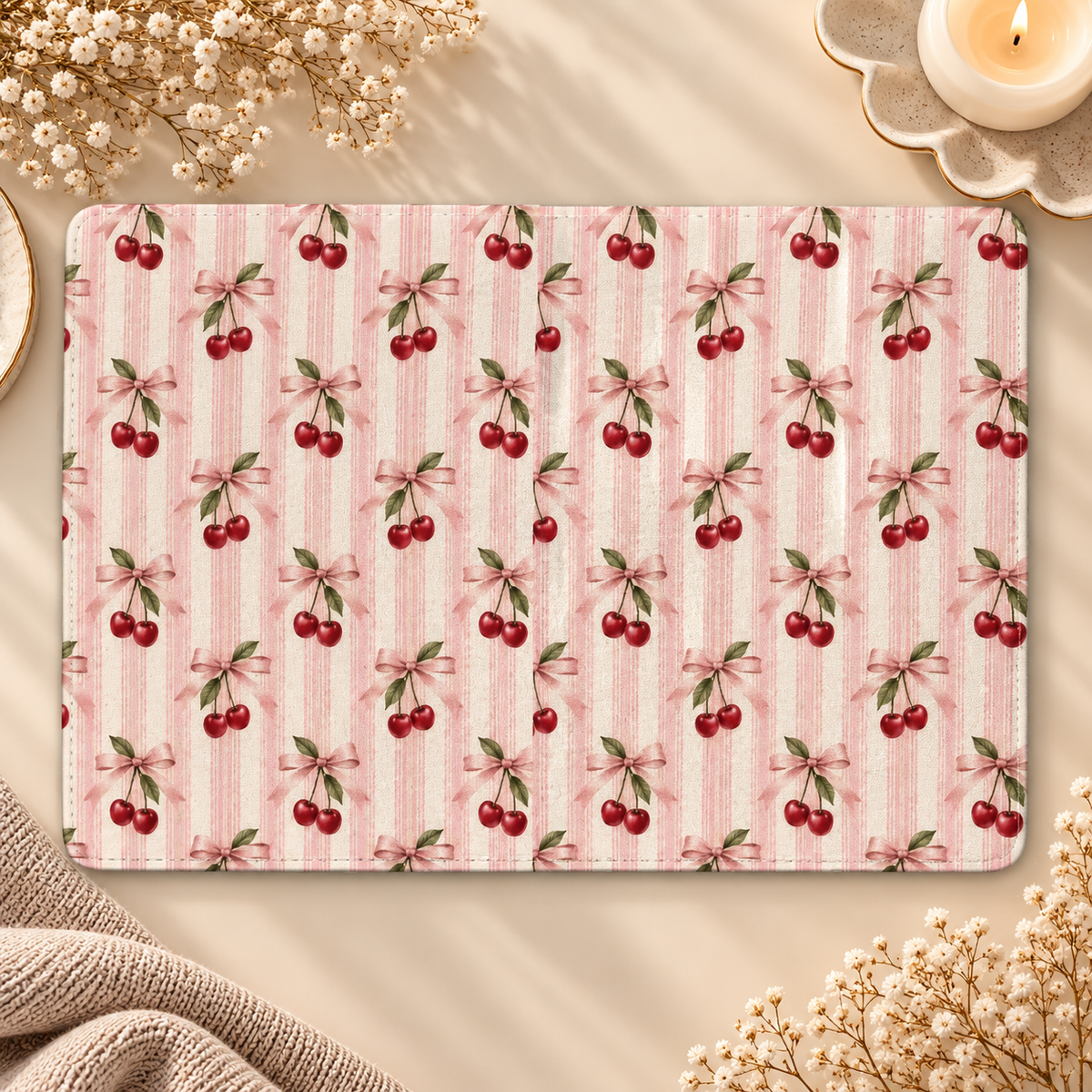 Cherry Bow Stripe Kindle case opened flat, front and back — cherries with pink bows on pink and cream stripes