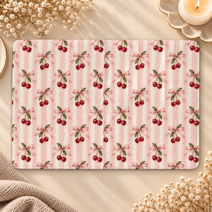 Cherry Bow Stripe Kindle case opened flat, front and back — cherries with pink bows on pink and cream stripes