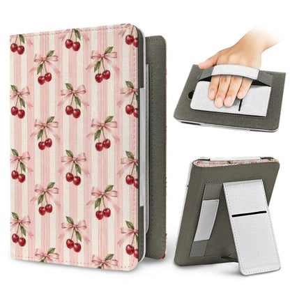 Cherry Bow Stripe Kindle case — elastic hand strap and fold-out stand on the back