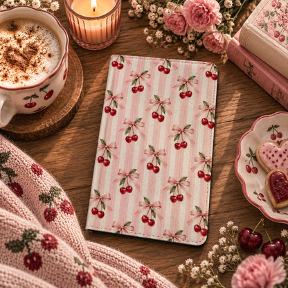 Cherry Bow Stripe Kindle case — cherries and bows on pink stripes, styled with a latte, candle, pink flowers and cherries