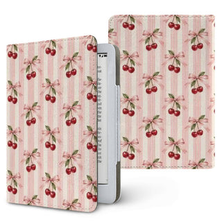 Cherry Bow Stripe Kindle case — cherries tied with pink bows on pink and cream stripes, printed front and back