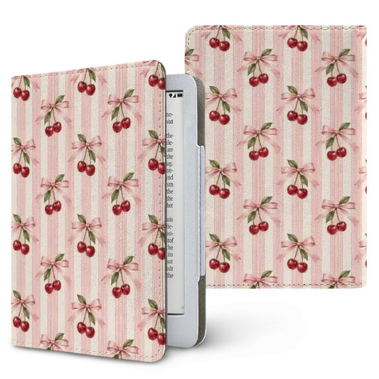 Cherry Bow Stripe Kindle case — cherries tied with pink bows on pink and cream stripes, printed front and back