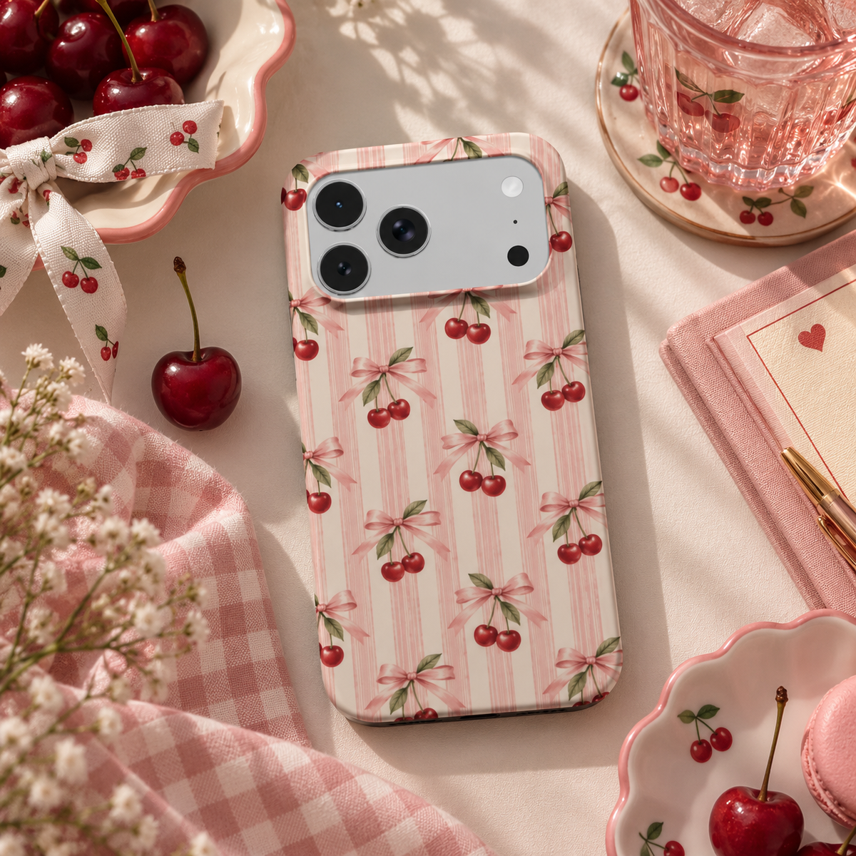 Cherry Bow Stripe phone case – MagSafe iPhone case, lifestyle photo