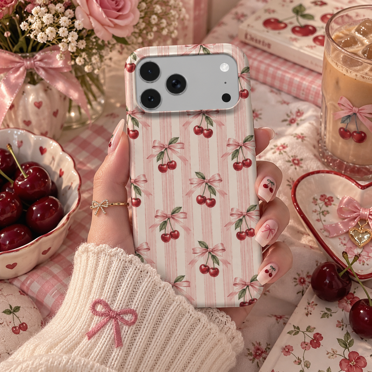 Cherry Bow Stripe phone case – MagSafe iPhone case, styled photo