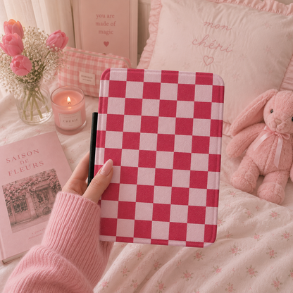 Cherry checkerboard Kindle case front cover close-up — Atelier red and pink grid print