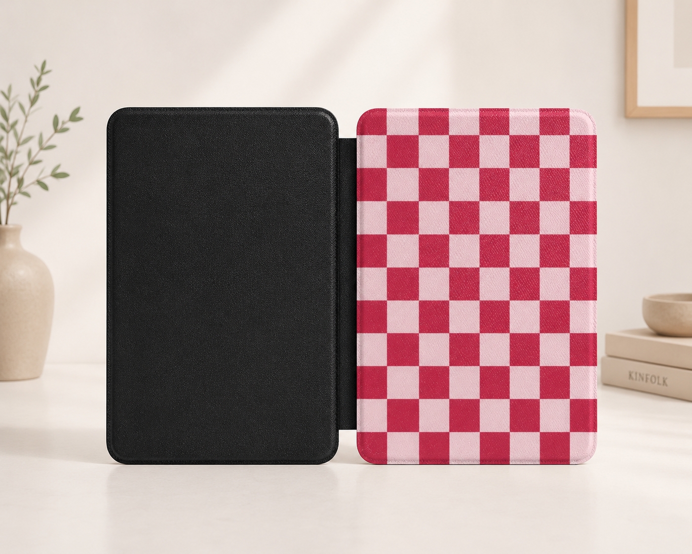 Cherry red and pale pink checkerboard Kindle Paperwhite case — Atelier retro gift for readers
