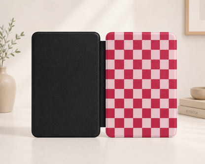Cherry red and pale pink checkerboard Kindle Paperwhite case — Atelier retro gift for readers
