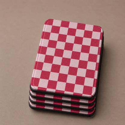 Cherry checkerboard Kindle case with elastic hand strap — Atelier red and pink print