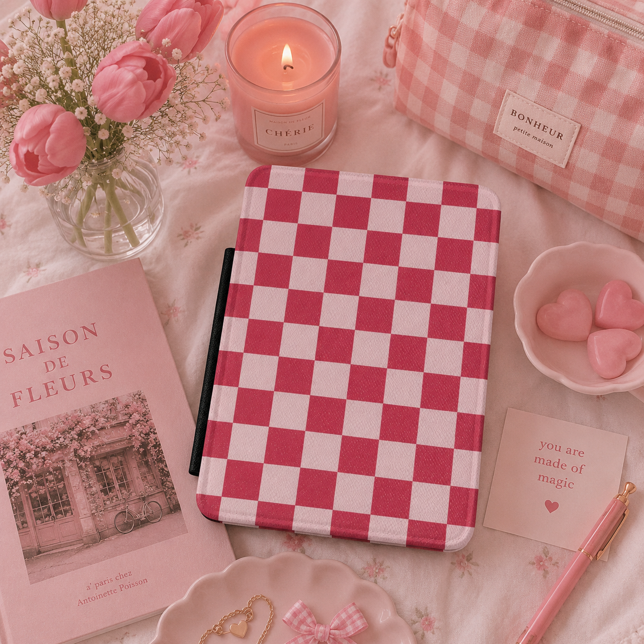 Cherry checkerboard Kindle case open showing black interior — Atelier red and pink