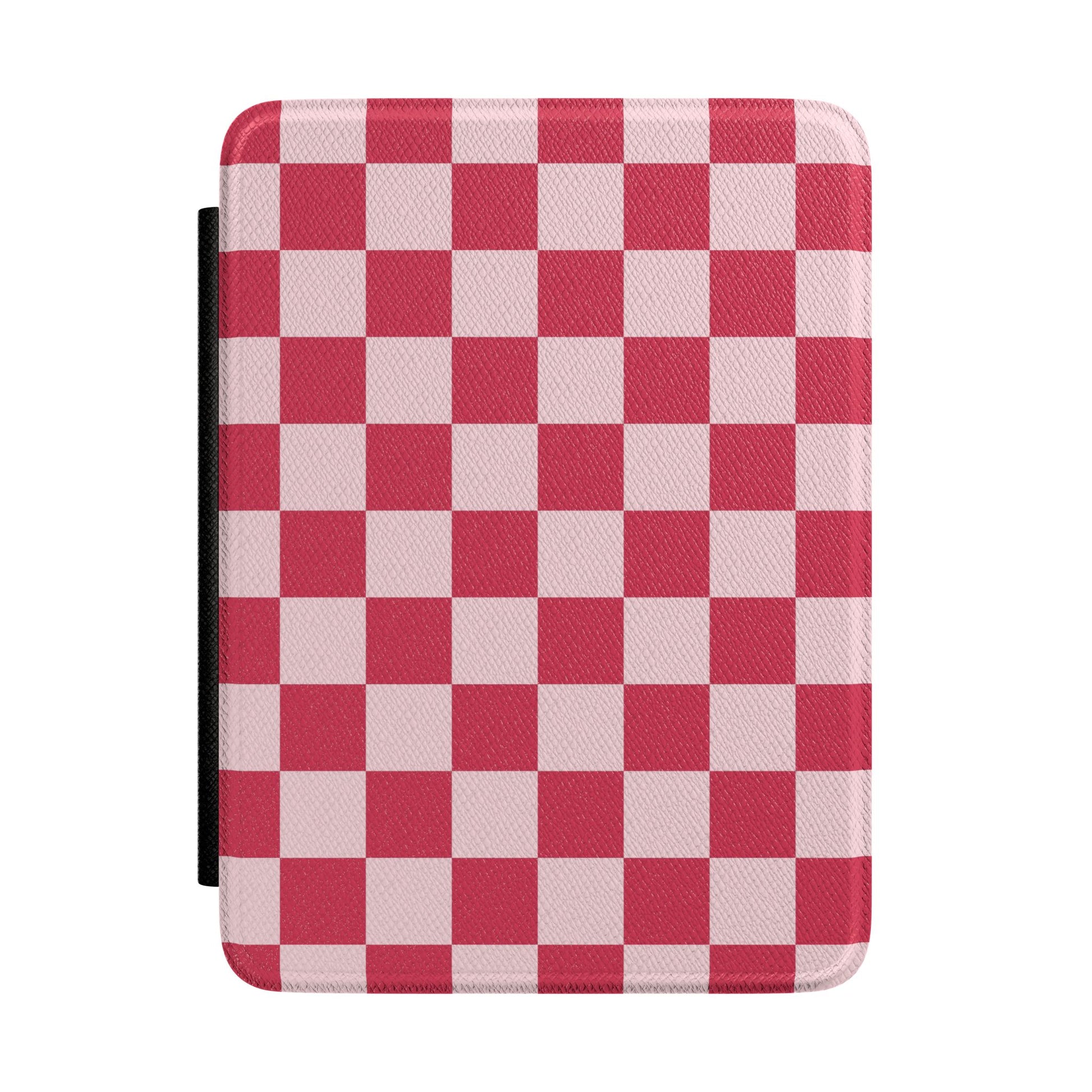 Cherry red and pale pink checkerboard Kindle Paperwhite case front cover — Atelier retro gift